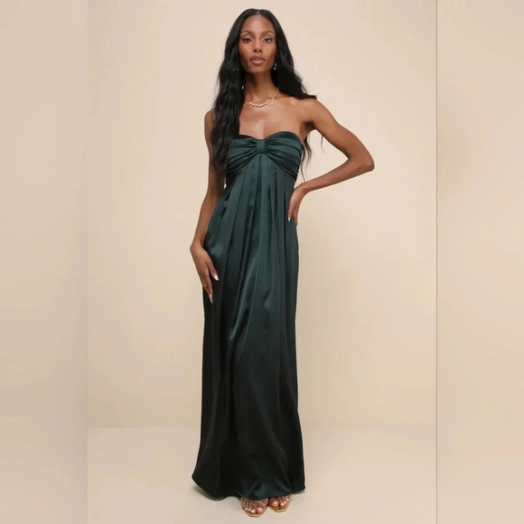 Lulus Memorable Entrance Emerald Green Strapless Satin Maxi Dress S Wedding - Picture 2 of 11